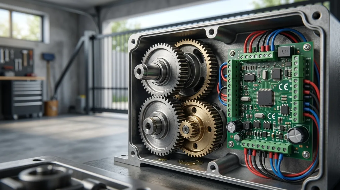 Detalhes internos de alta tecnologia de um motor de portão eletrônico com engrenagens e placa digital.