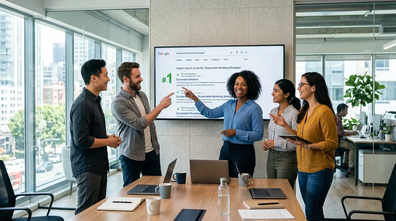 Equipe comemora primeira página do Google conquistada com ferramenta de seo gratuita e otimização.