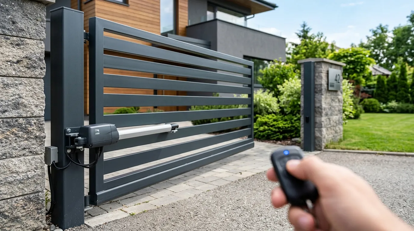 Controle remoto acionando um moderno motor de portão em uma residência contemporânea com belo jardim.