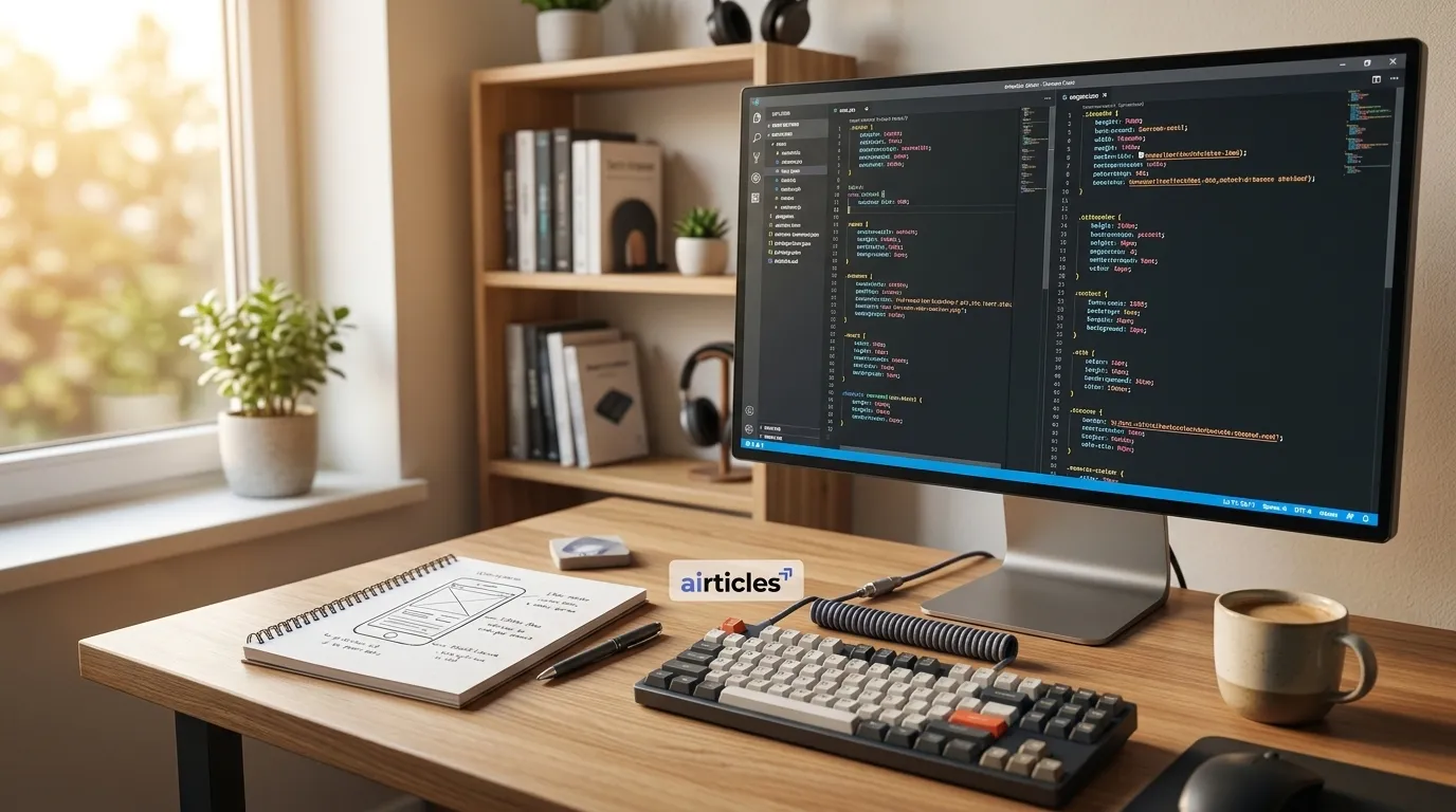 desenvolvedor-tela-codigo-voce-organiza-front.webp Desenvolvedor foca em tela de código mostrando como você organiza front end de forma eficiente.