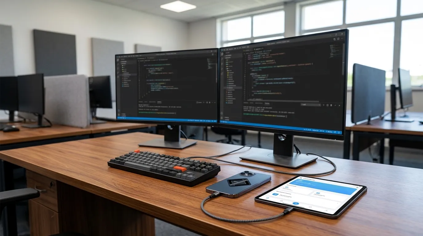 desenvolvimento-multiplataforma-fatec-laboratorio-tecnologia.webp Estudante pratica desenvolvimento multiplataforma fatec usando computador e dispositivos moveis conectados em laboratorio.