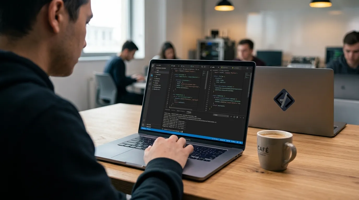 Notebook aberto com codigos de desenvolvimento multiplataforma fatec sobre mesa de estudos moderna.