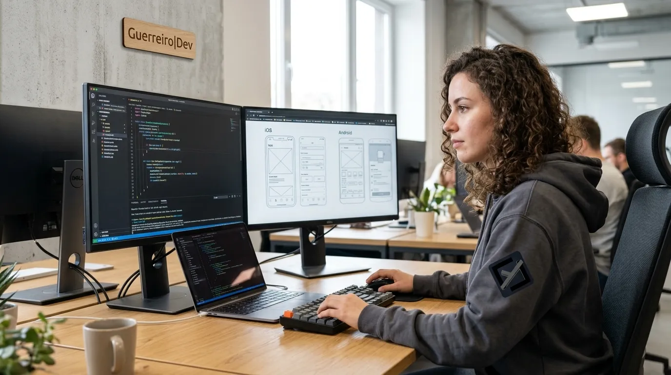 Programador focado no desenvolvimento multiplataforma fatec analisando codigos em multiplas telas no escritorio.