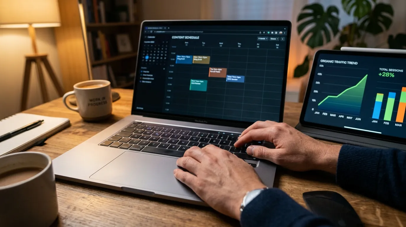 Mãos digitando no notebook ao lado de tablet com dados para o planejamento de marketing digital de conteúdo.