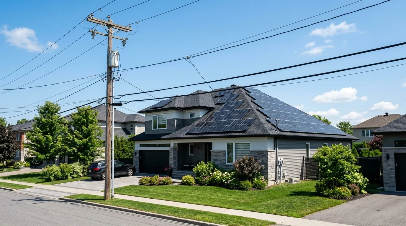 Esquema moderno de energia solar ligada a rede eletrica em uma residencia contemporanea sob o sol.