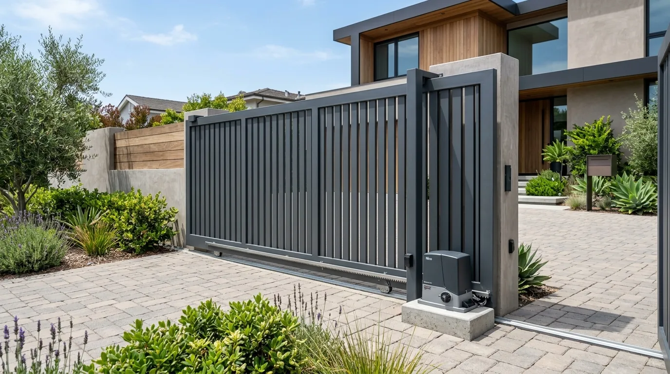Entrada residencial com motor para portão automático instalado em trilho de metal.