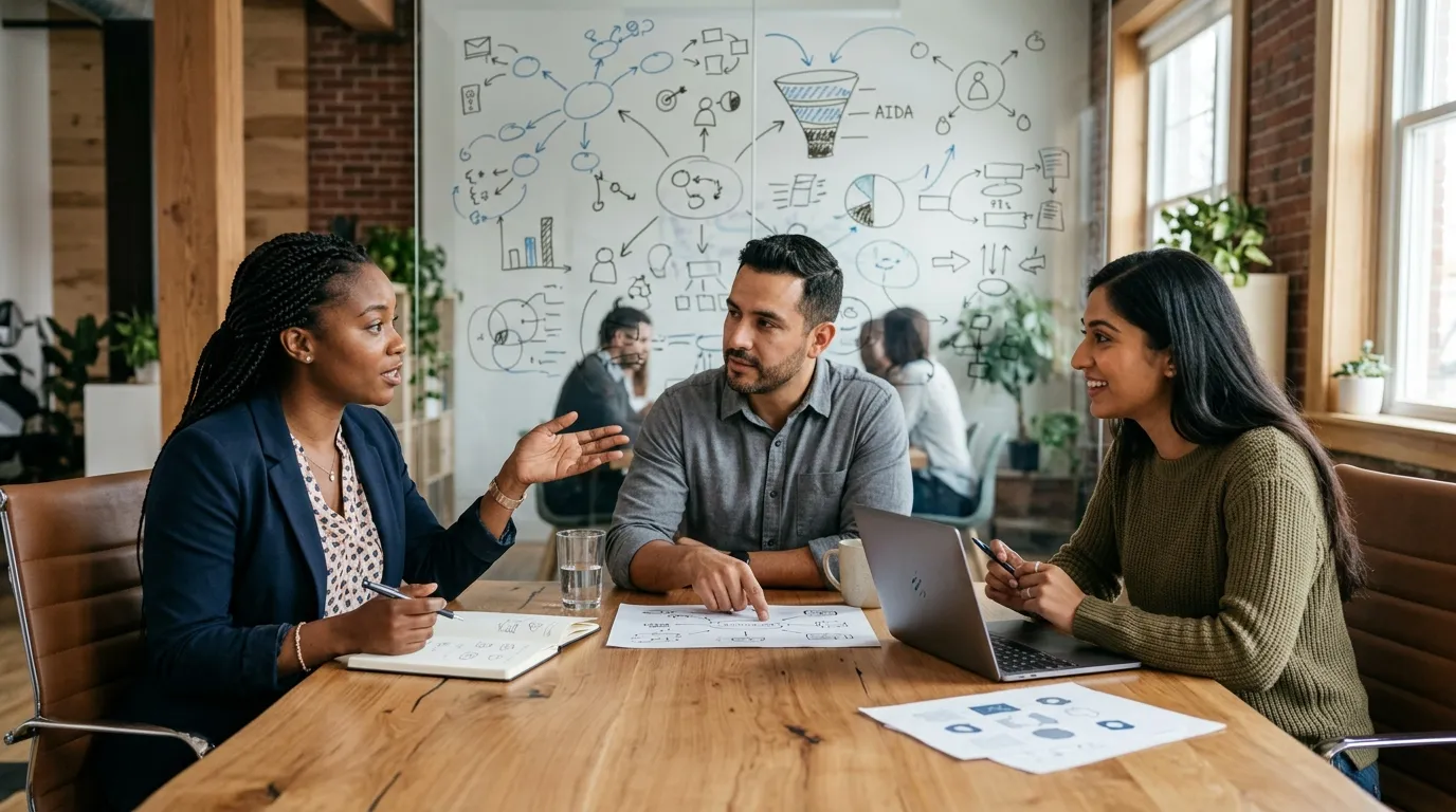 Equipe de publicidade reunida discutindo estrategias essenciais sobre marketing para empresas.