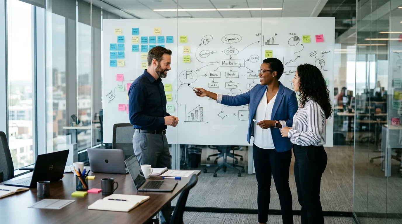 Equipe reunida criando estratégias de planejamento de marketing digital em um quadro com notas adesivas coloridas.