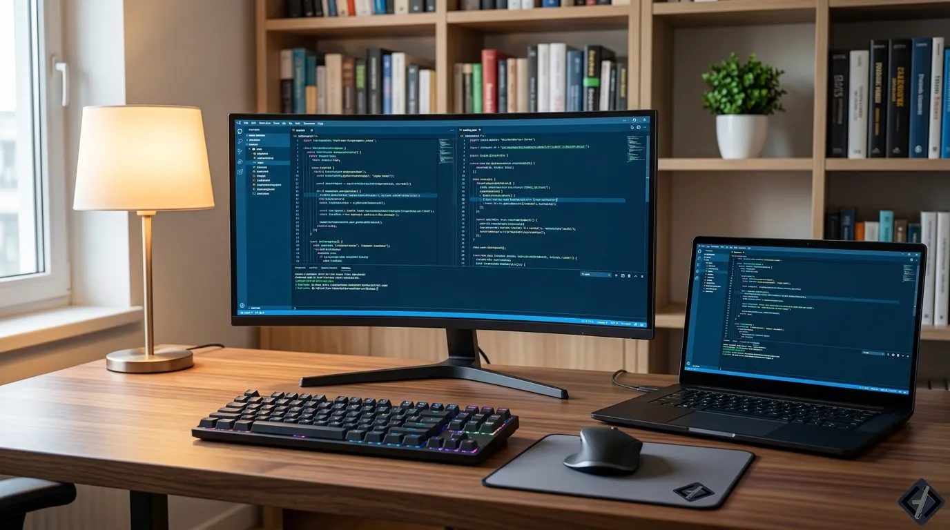 escritorio-moderno-programas-desenvolvimento-web.webp Escritório moderno com monitor exibindo programas para desenvolvimento web de forma profissional.