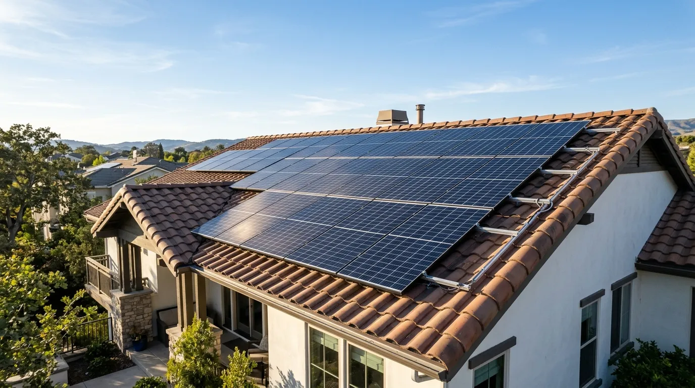 instalacao-placas-energia-solar-residencial.webp Instalação moderna de placas de energia solar sobre telhado residencial sob céu limpo.
