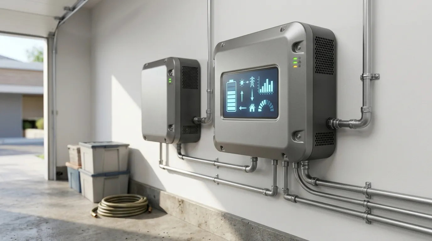 Inversor moderno integrando sistema de energia solar residencial de alta tecnologia.