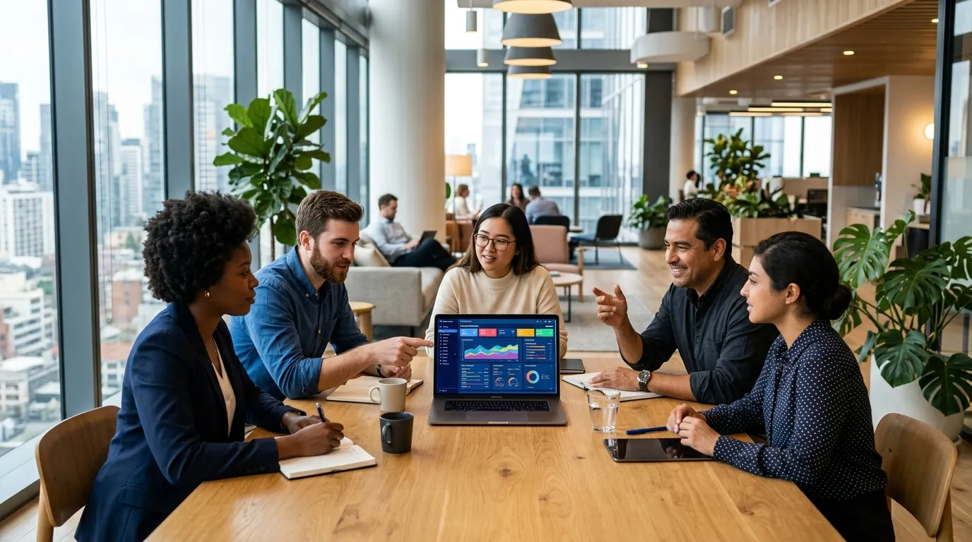 Equipe analisa dados mostrando que o marketing de conteúdo é a chave para o crescimento orgânico de uma empresa.