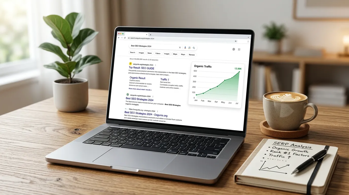 Notebook exibe primeira página do Google provando que marketing de conteúdo é essencial para tráfego orgânico.