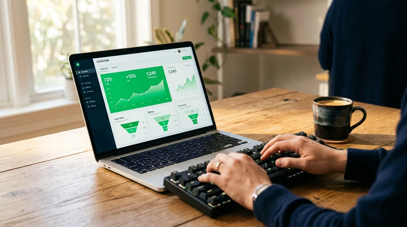 Notebook exibe métricas de conversão de trafego pago empresas com gráficos verdes de crescimento.