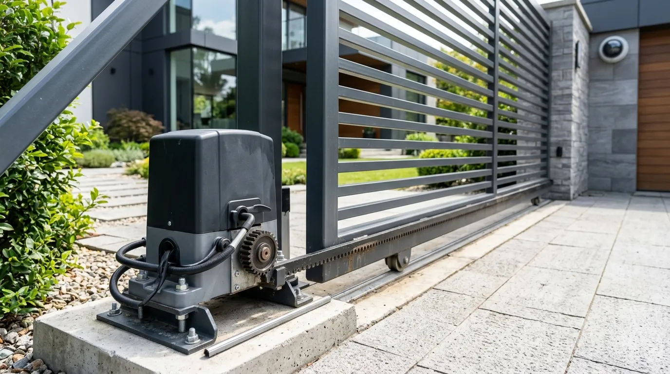 Motor elétrico integrado na instalação sistema de segurança residencial com portão automático e câmera ao fundo.