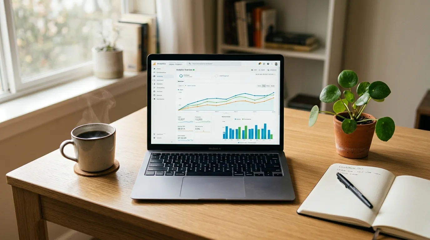 Notebook aberto com painel de dados exibindo relatorio detalhado sobre marketing online.