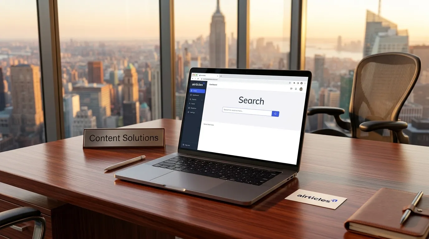 Notebook em escritório de luxo exibindo integração google search wordpress na tela com vista de Manhattan ao fundo.