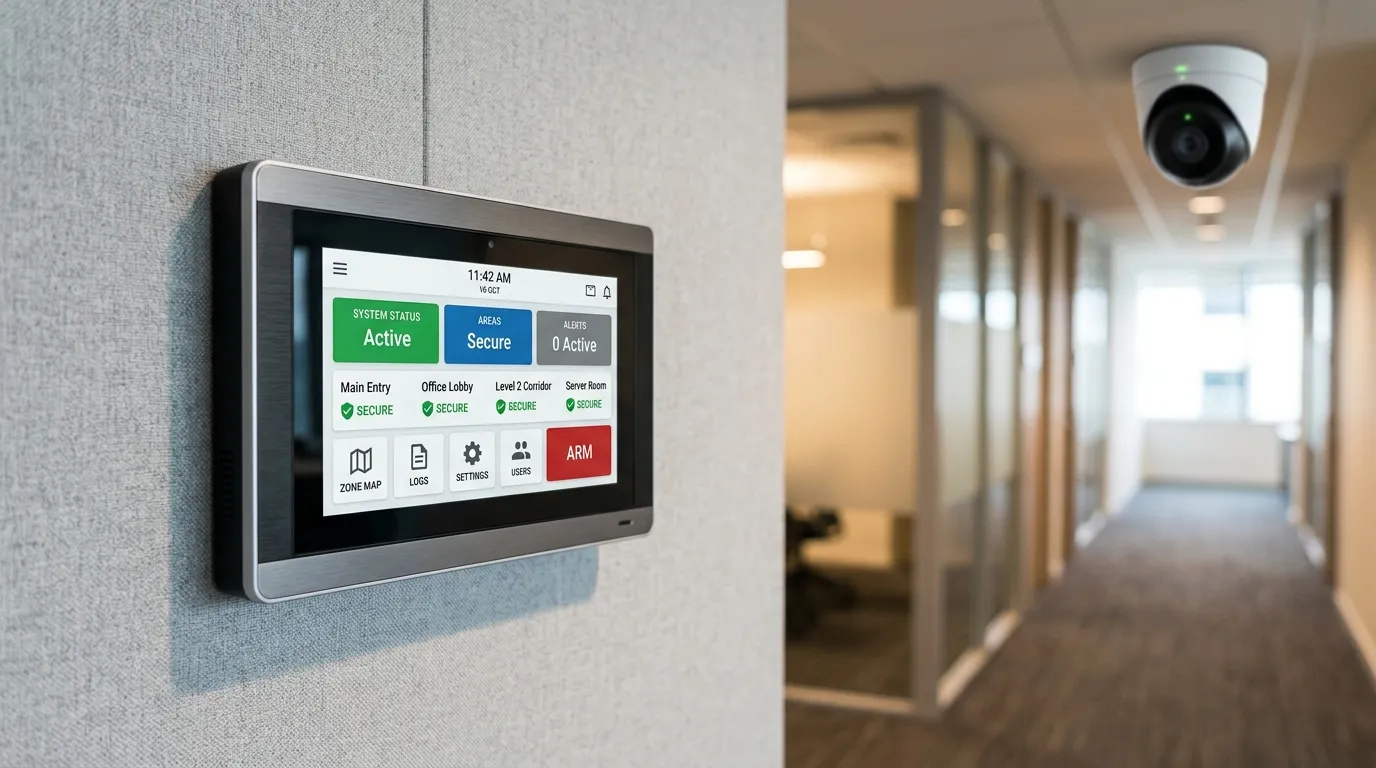 Painel de controle moderno monitorando diversos sistemas de segurança em ambiente corporativo.