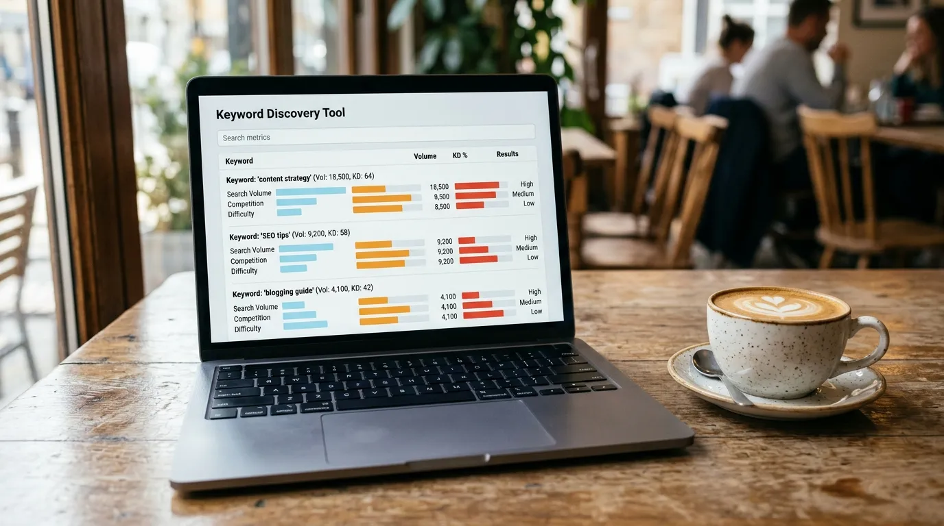 Notebook exibindo pesquisa de palavras-chave em uma ferramenta de seo gratuita em um café aconchegante.