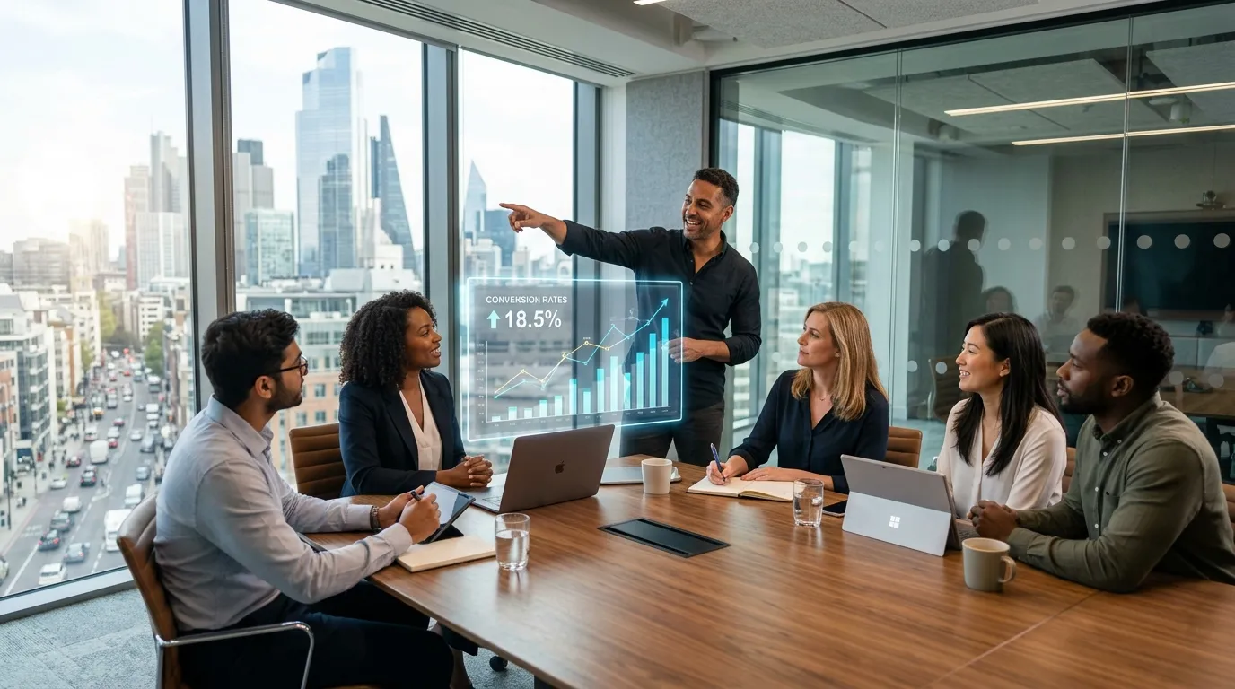 reuniao-graficos-crescimento-consultoria-trafego-pago.webp Equipe em reunião analisando gráficos de crescimento gerados por consultoria de trafego pago em tela digital.