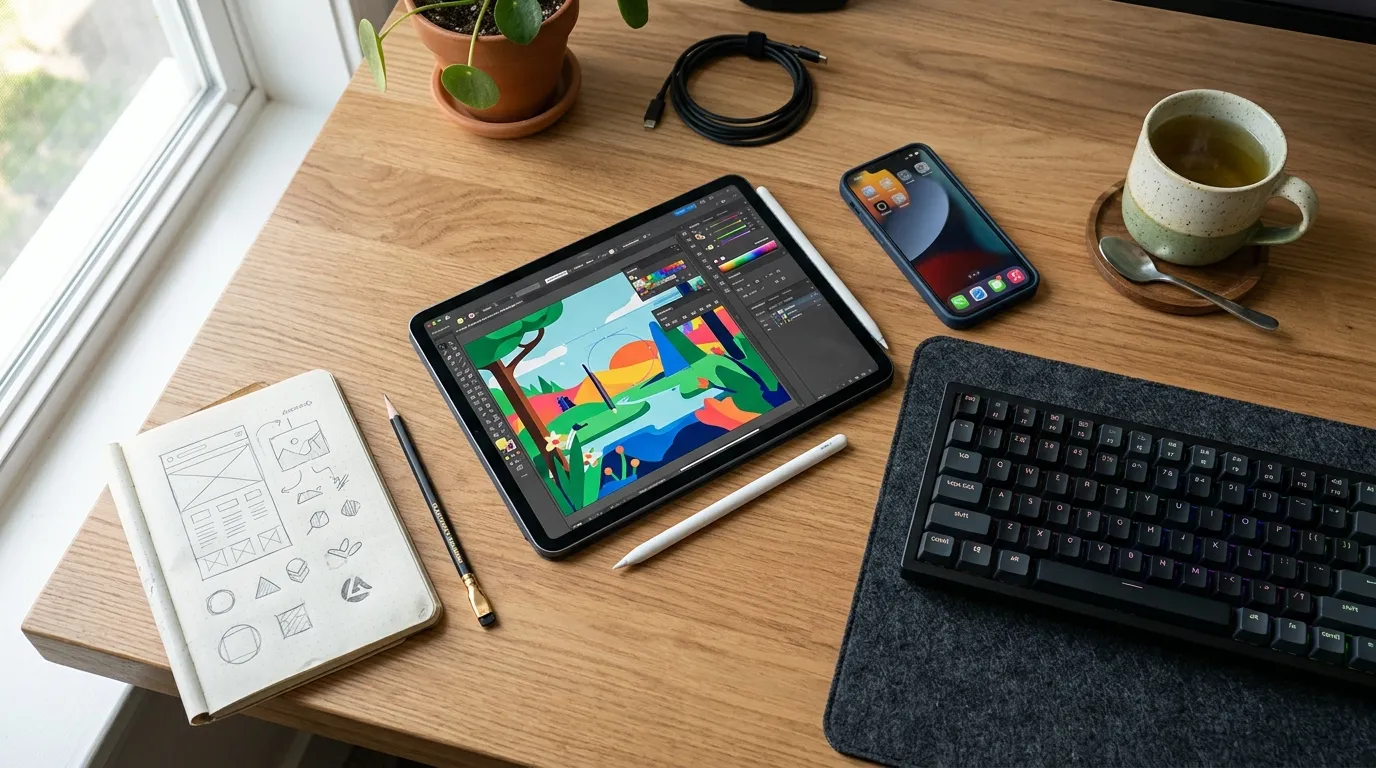 Visao superior de tablet e teclado para planejamento e criacao de conteudo digital estrategico.