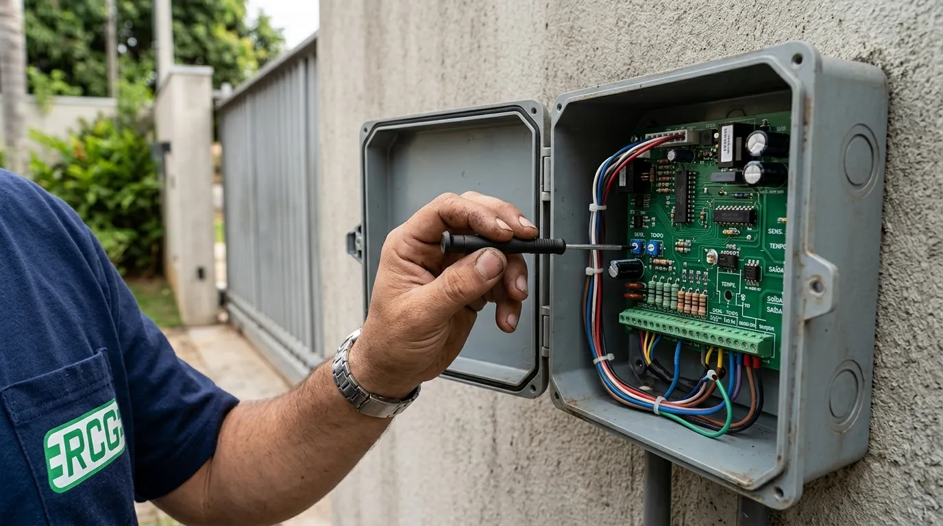 Técnico ajustando placa de circuito do comando de portão eletrônico residencial.