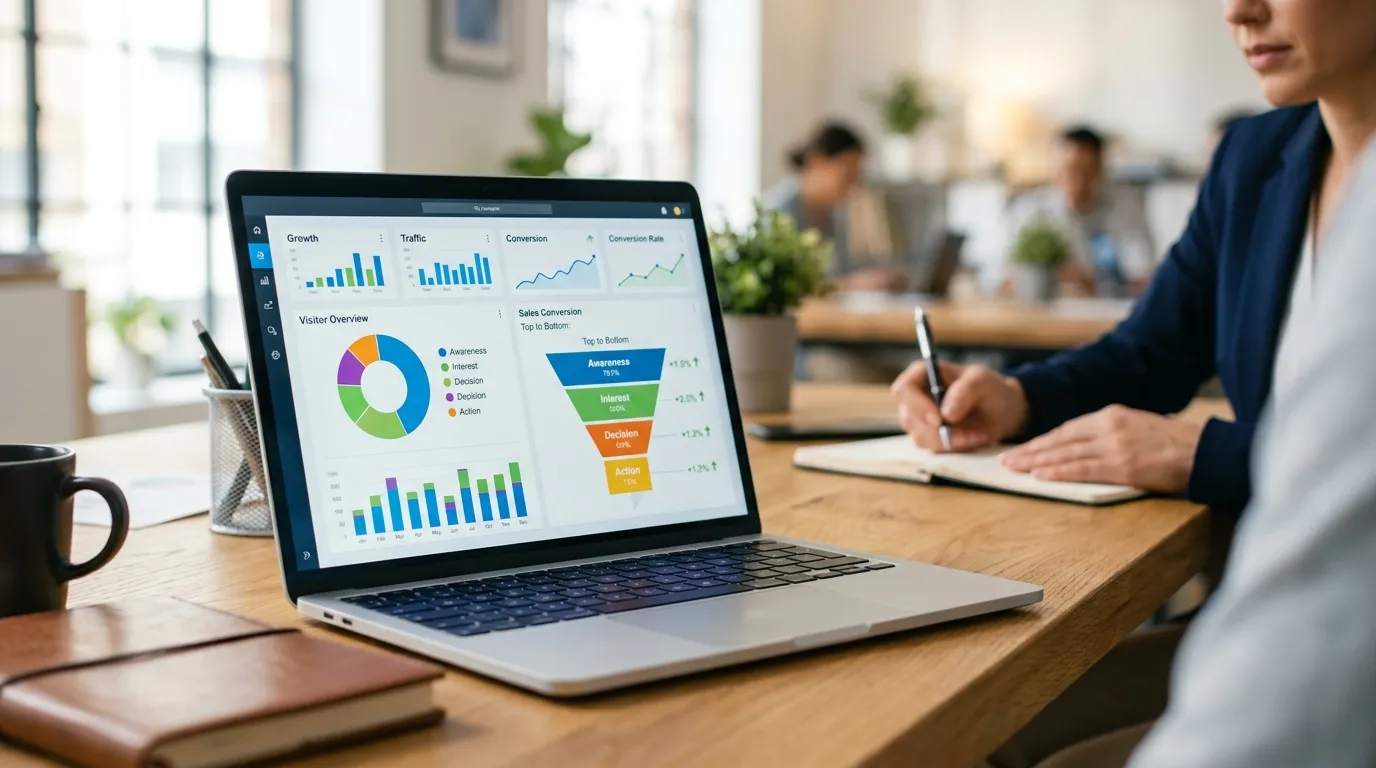 Tela de notebook exibindo dados de vendas otimizados via consultoria de trafego pago.